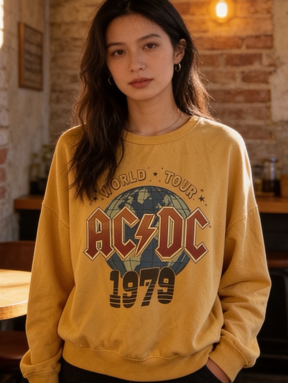 AC/DC | Women’s Mustard Yellow Crewneck Sweatshirt with 1979 World Tour | L
